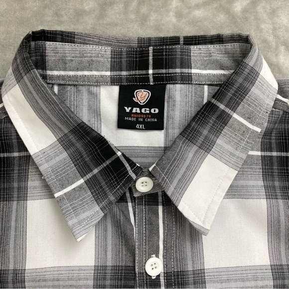 Yago Black & White Plaid Short Sleeve Button Down Shirt with Pocket Big Size 4XL - Picture 3 of 9